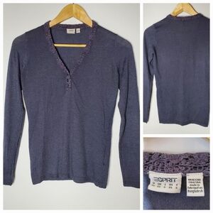 Esprit Y2K dark purple lace neck stretchy knit 3/4 sleeve slim fit top